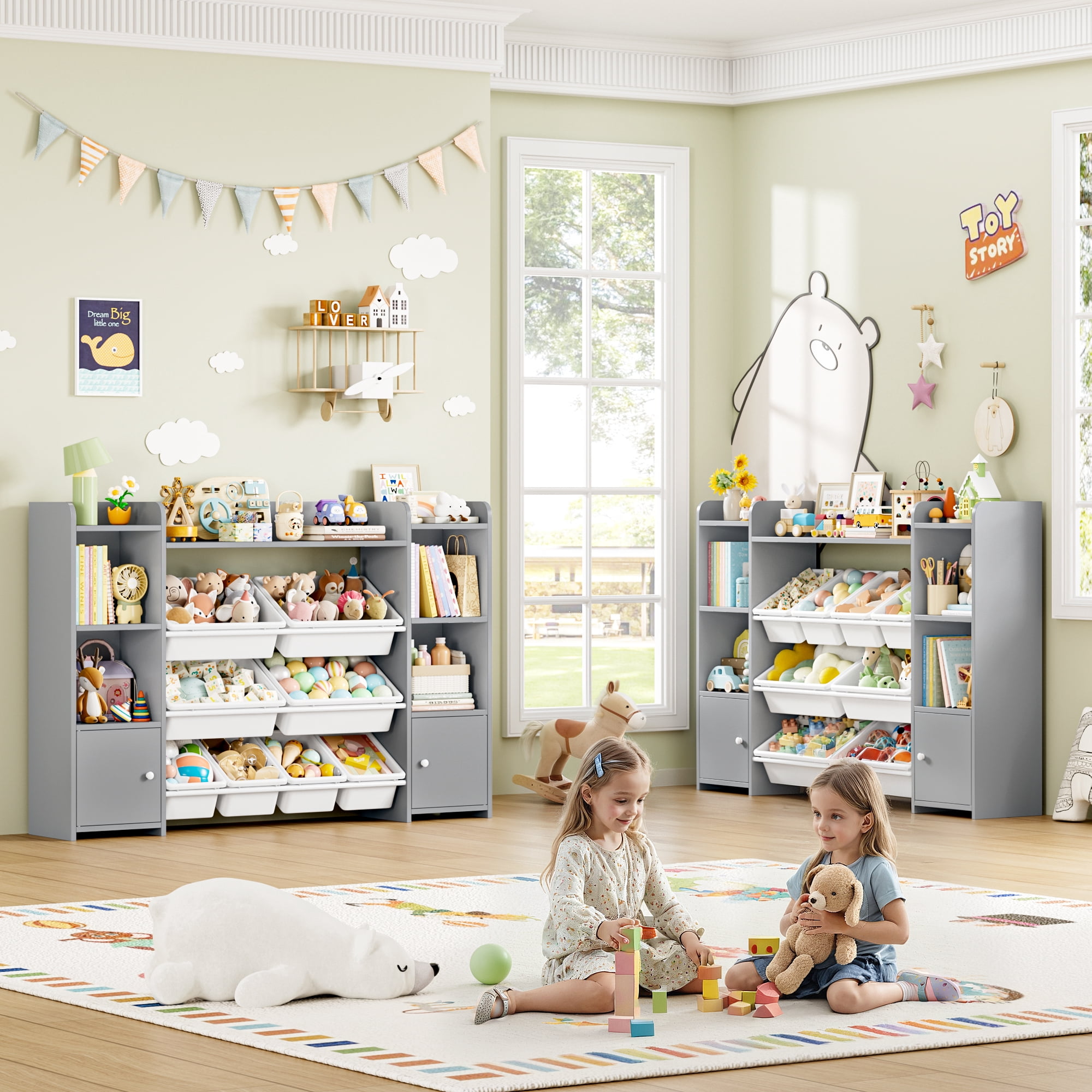 Homfa Kids Toy Organization Cubby Bookcase with 8 Bin, 2 Door Gray Storage Organizer Bookshelf for Children Room Playroom