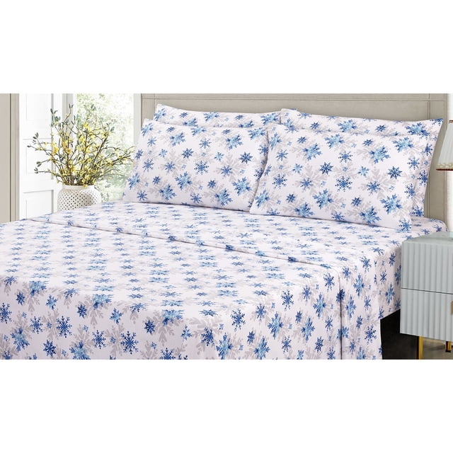 Cotton House - Flannel Sheet Set, 100% Cotton, Twin Size, Snowflakes Design