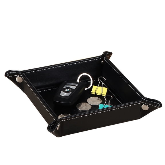 Valet Tray Desktop Storage Organizer – Premium PU Leather Bedside Vanity Tray Nightstand Caddy Holder for Remote Controller, Keys, Phone, Wallet, Coin, Jewelry, Black