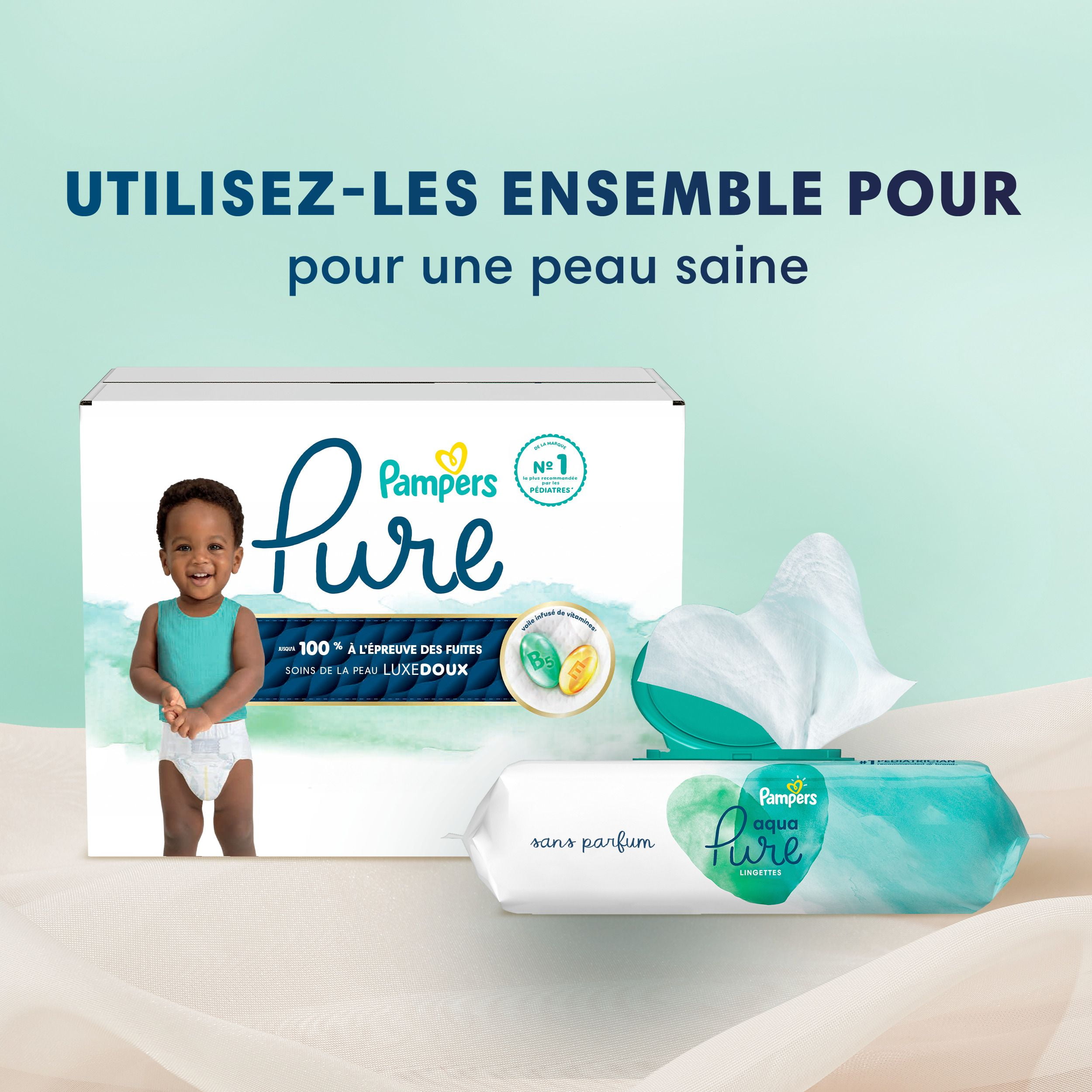 Couches pour bébés Pampers Pure, taille 2 ( à [12 lb à 18 lb]), jusqu’à 100 % sans fuites, couches douces hypoallergéniques haut de gamme