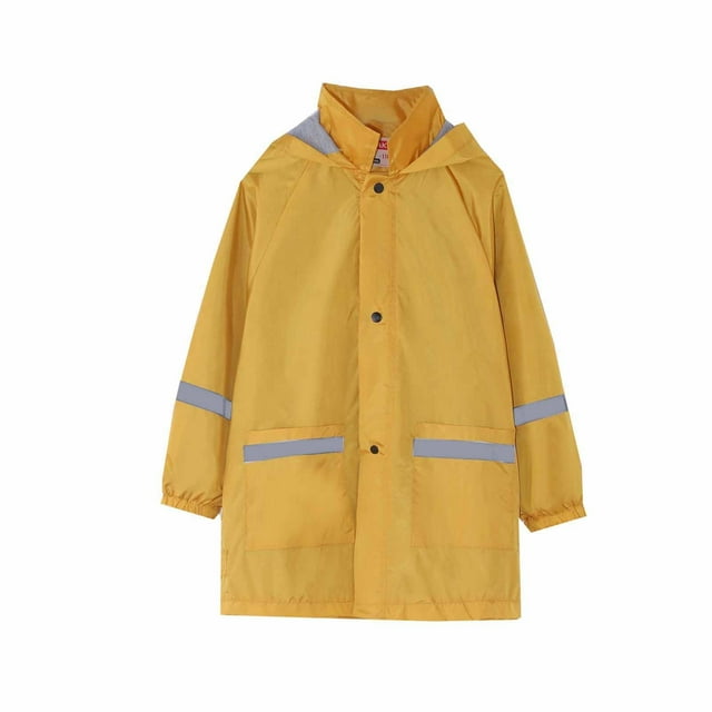 Virmaxy Toddler Baby Girls Boys Fleece Raincoat Kids Mid-Length Solid Hooded Rushing Jacket with Reflective Stripes Long Sleeve Open Front Waterproof Plush Outwear with Pocket Yellow 4T