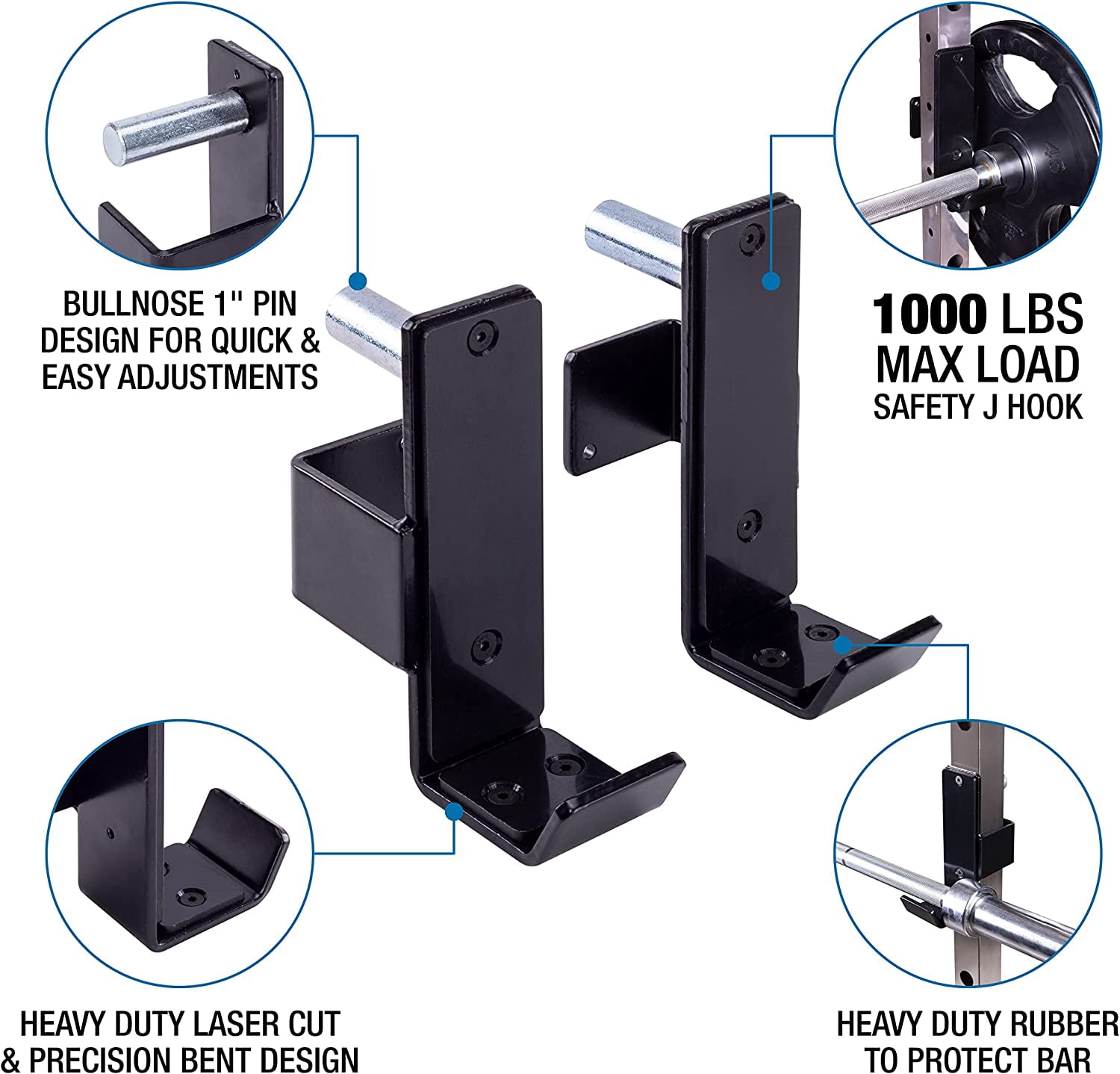 J-Hooks J-Cup Power Rack for 2"x 2" 2.5"x2.5" 3"x3" Tube Squat Rack Attachment, Barbell Holder for Power Cage, Heavy Duty 1000 LB Capacity, (Set of 2)