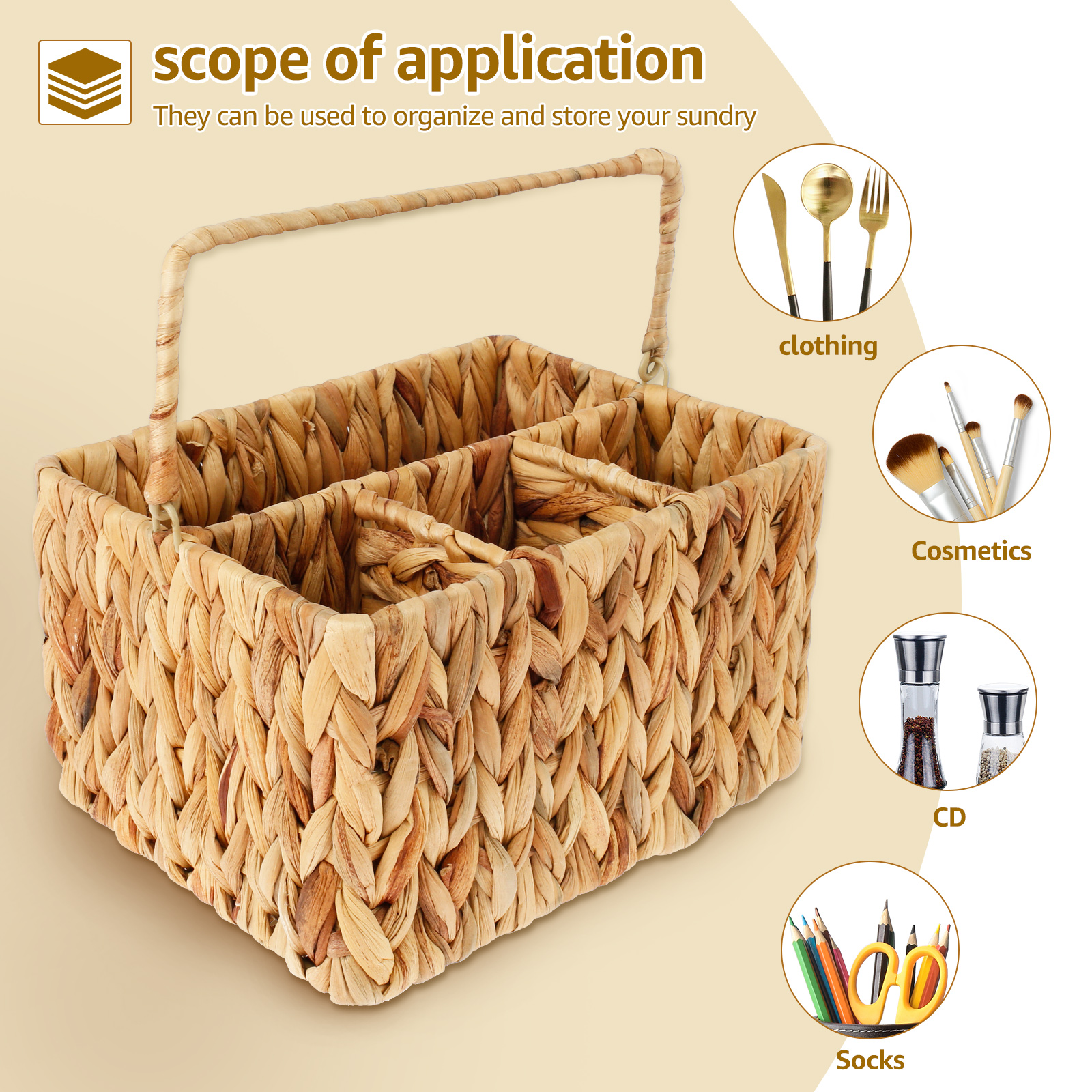 Utensil Caddy Holder Utensil Basket for Table Silverware Caddy,Party Utensil Holder Picnic Basket,Handmade Water Hyacinth Storage And Organization With Handles, Picnic Caddy for Plates and Utensils