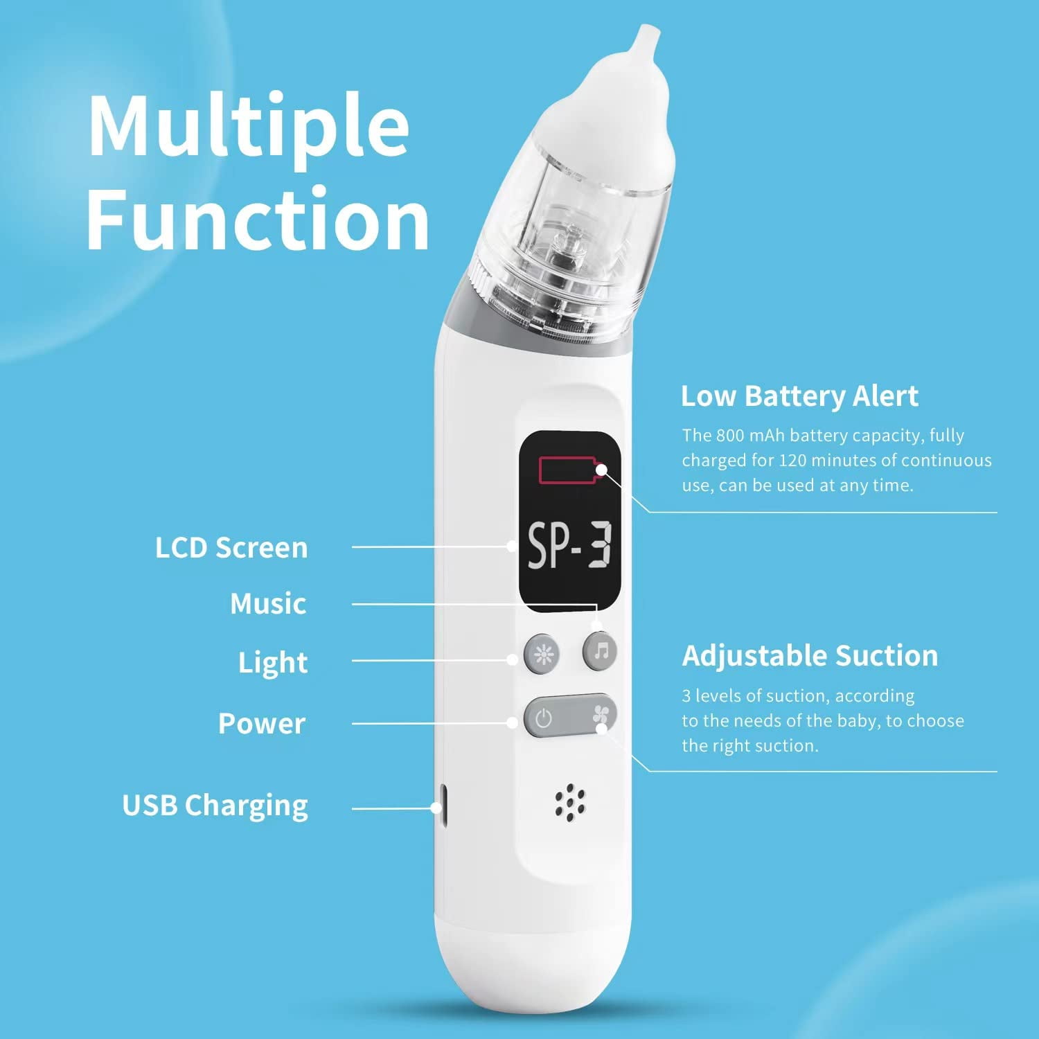 Baby Nasal Aspirator, Bellababy Baby Nose Sucker, Baby Booger/ Snot Remover  with 3 Suction Levels, 2 Tips and Light Soothing Function, Rechargeable