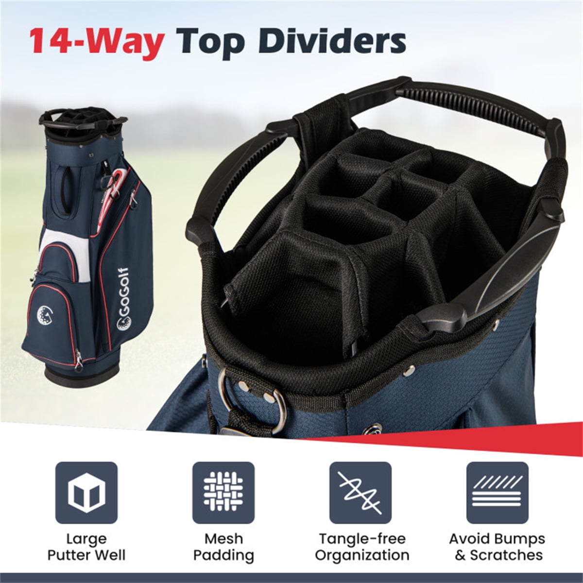 Golf Cart Bag 14 Way Full Divider Top 6 Zippered Pockets With Large Cooler Pocket Waterproof Zippers Rain Hood Umbrella Holder And Lightweight Polyester Golf Club Carry Bag Cart Bag For Golfer