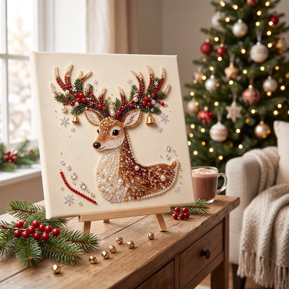 Christmas Diamond Art Kits for Adults, DIY 3D Glossy Pearl Bead Painting Set With Reindeer Motif, Complete Craft Tools for Indoor Xmas Mantel Desktop Wall Holiday Decoration Gift