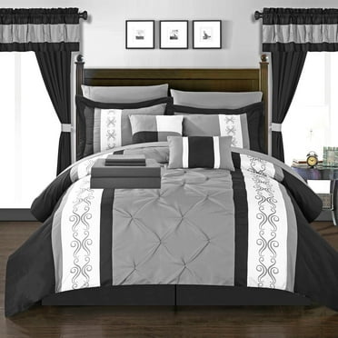 Chic Home Idit Comforter Set - Queen Grey, Color Block With Embroidery, Includes Sheets, Pillows & Curtains