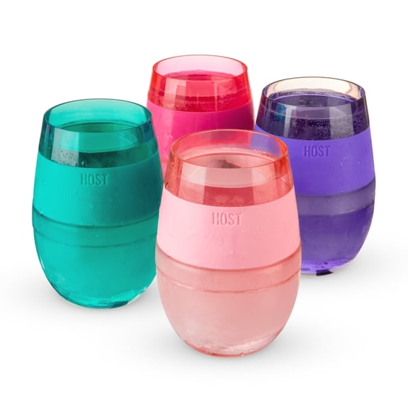 Host Cooling Cup Set of 4 Plastic Double Wall Insulated Freezable Drink Chilling Tumbler with Freezing Gel, Glasses for Red and White Wine, 8.5 oz, Assorted Translucent Colors