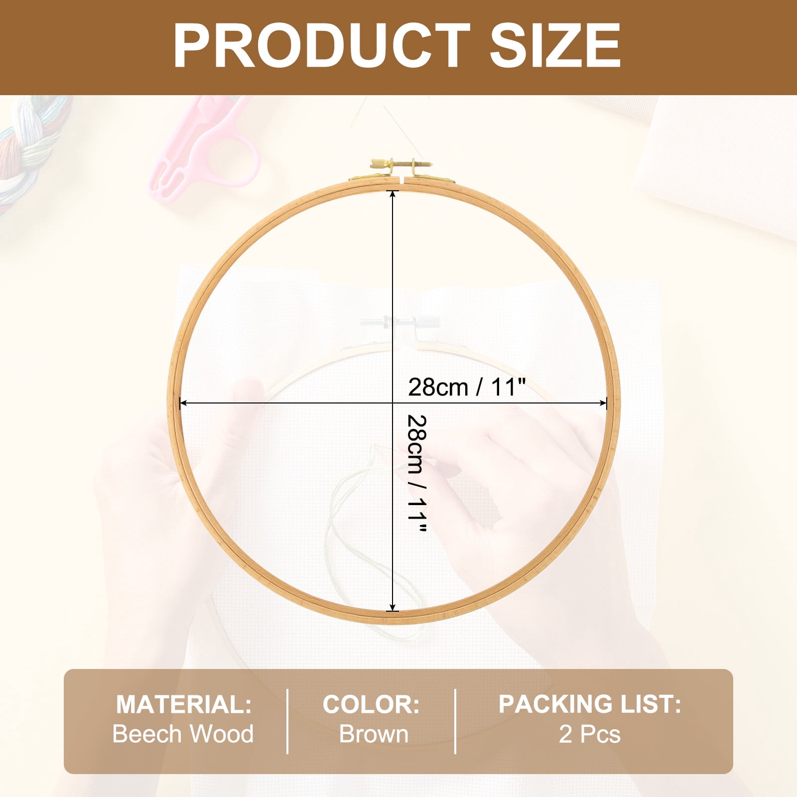 Uxcell 2 Pieces 11 Inch Beech Wood Embroidery Hoops, Arc Side Circle Cross Stitch Hoop Frames with Brass Screw