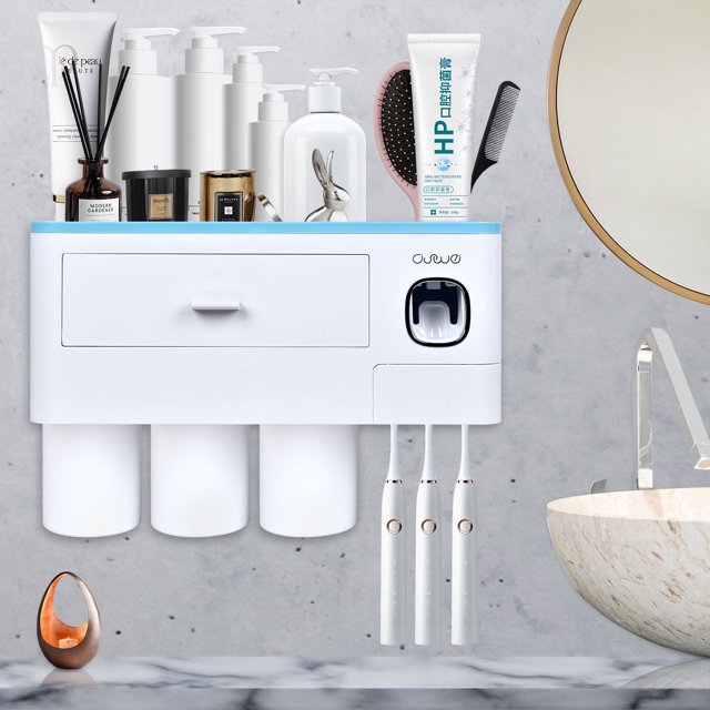 Wall Mounted Toothbrush Holder for Bathroom, Automatic Toothpaste Dispenser Kit with Magnetic Cups Kids & Family Set Toothbrush Holders, Storage Rack & Easy Install, Durable Space-Saving,Blue