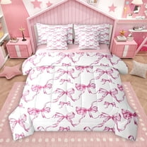 Manfei Ribbon Bow Knot 7pcs Bedding Comforter Set,Princess Bowtie Queen Bedding Sets,White Pink Queen Sheet Sets For Girls Teens,Luxury Bedroom Decor Reversible