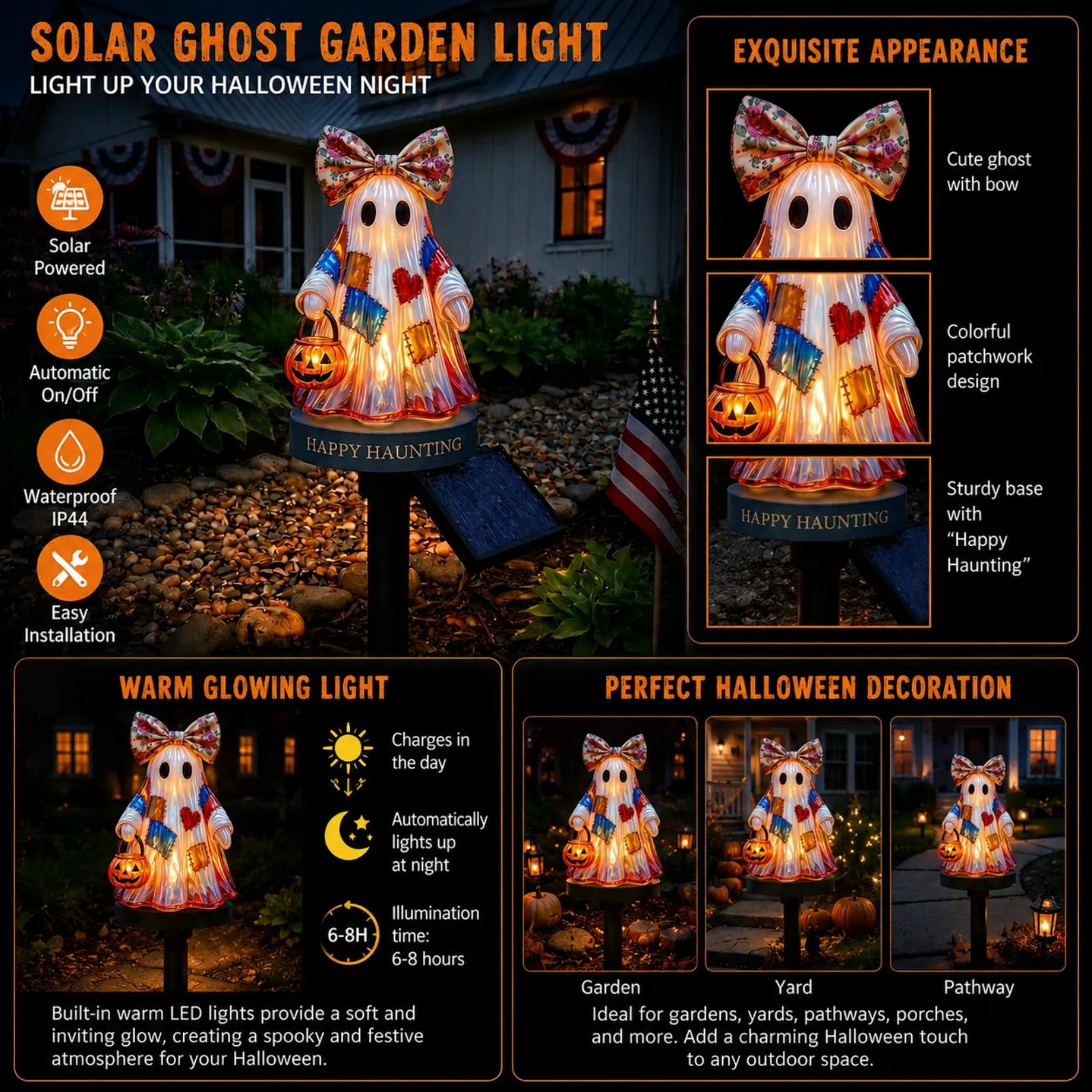 Solar ghost garden light features and construction infographic