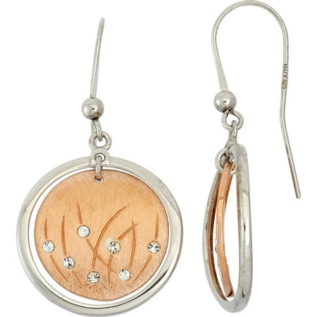Giuliano Mameli Crystal Accent 14kt Rose Gold-Plated Sterling Silver Matte-Finished Grass Pattern White Polished Frame Round Drop Earrings