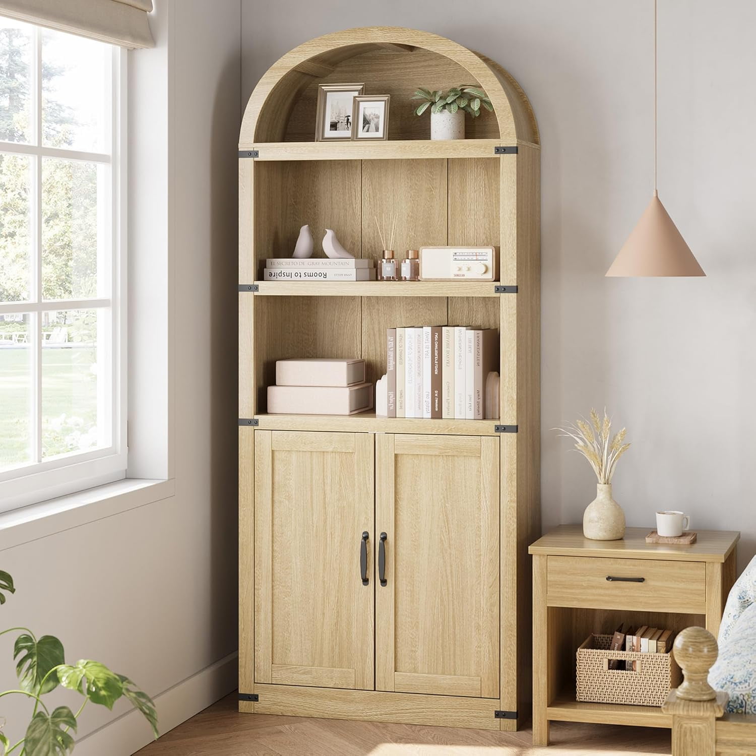 Accreate Bookcase with Doors Arched Bookshelf 71.65in Tall Bookcase Farmhouse Cabinet with Shelves Wooden Bookshelves for Home office, Living Room
