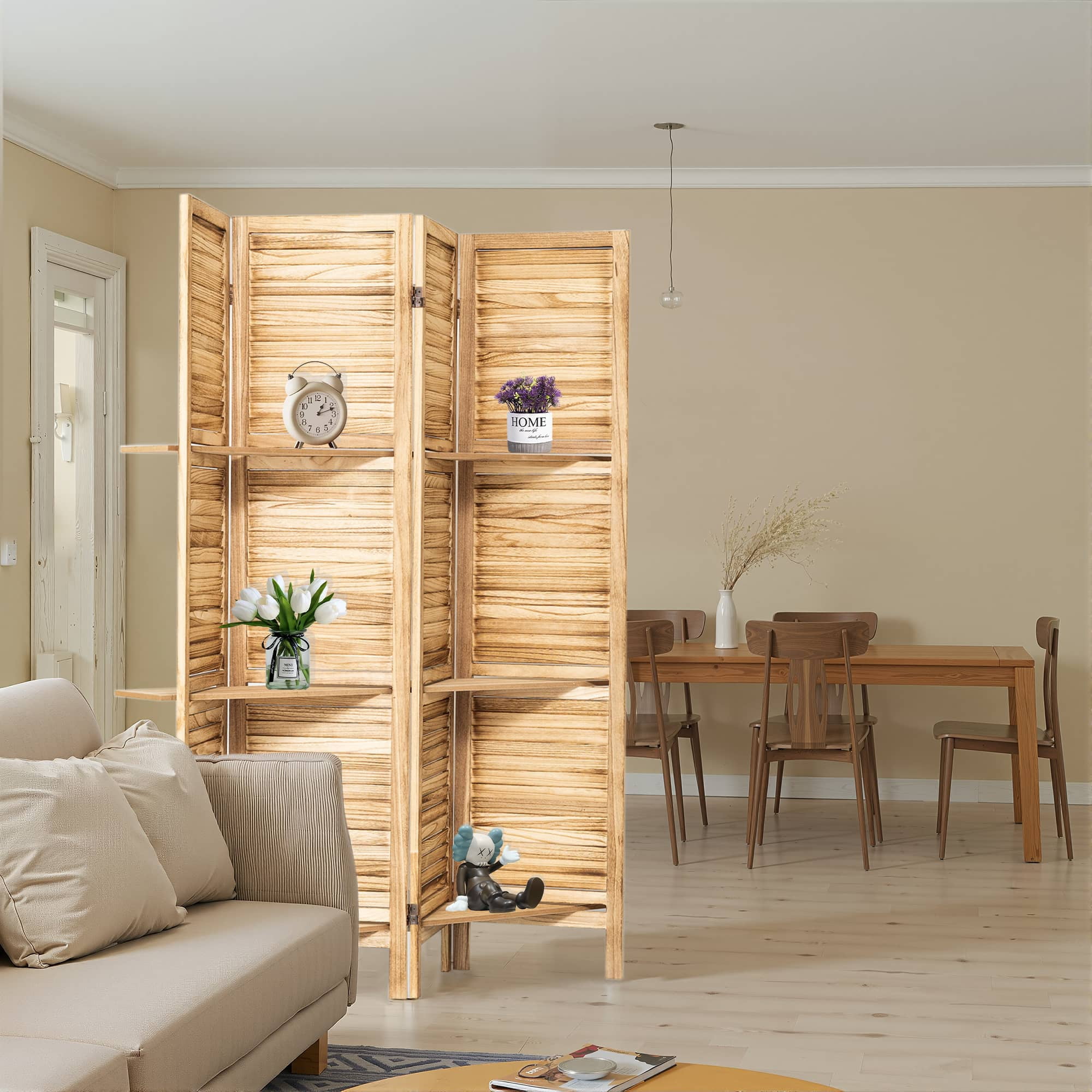 MAYEERTY 4 Panel Freestanding Wood Room Divider with Display Shelves, Natural Color