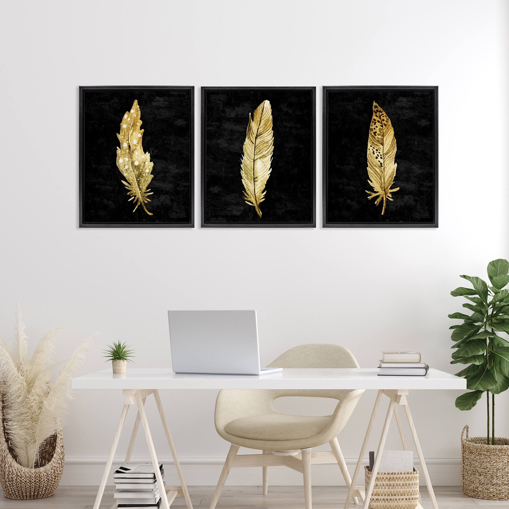 Black & Gold Feathers 3 Piece Black Framed Floater Canvas Set, design by Kim Allen