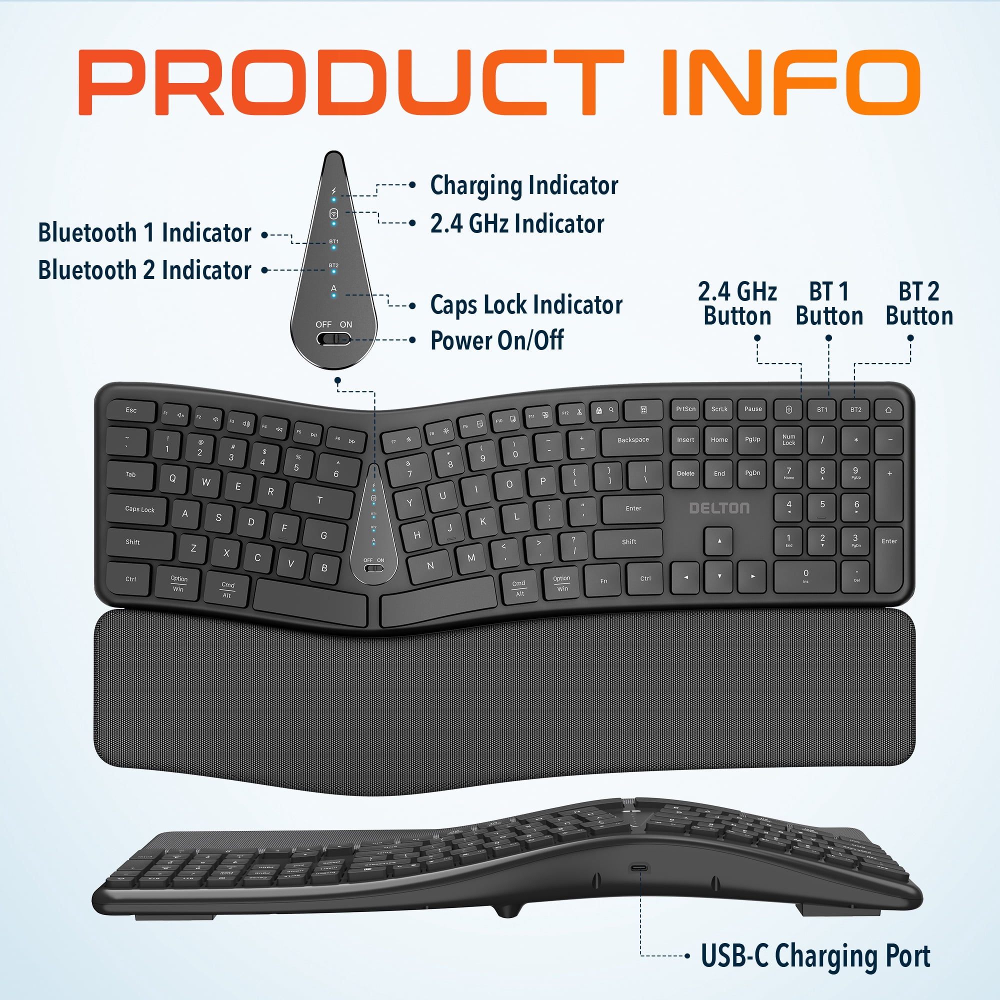 Delton KB250 Ergonomic Wireless Keyboard with Cushioned Palm Rest, Natural Typing Full-Size Rechargeable Keyboard, Bluetooth & USB Connectivity, Compatible for Laptop/PC/Tablets/Smartphone - Black