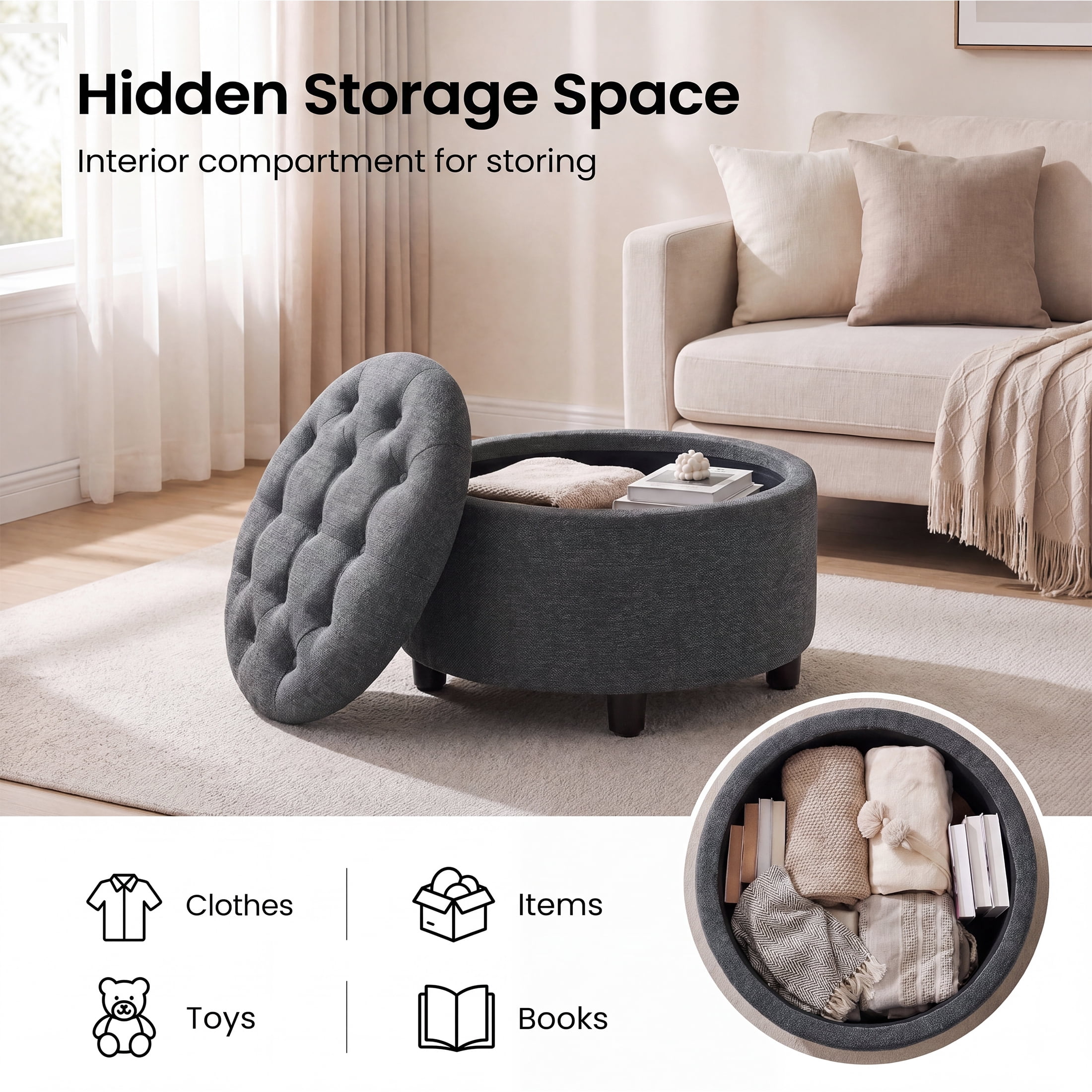 Darkgrey Round Ottoman with Storage and Reversible Tray, Upholstered Fabric Footrest Coffee Table for Living Room, Bedroom, Entryway-25 Inch