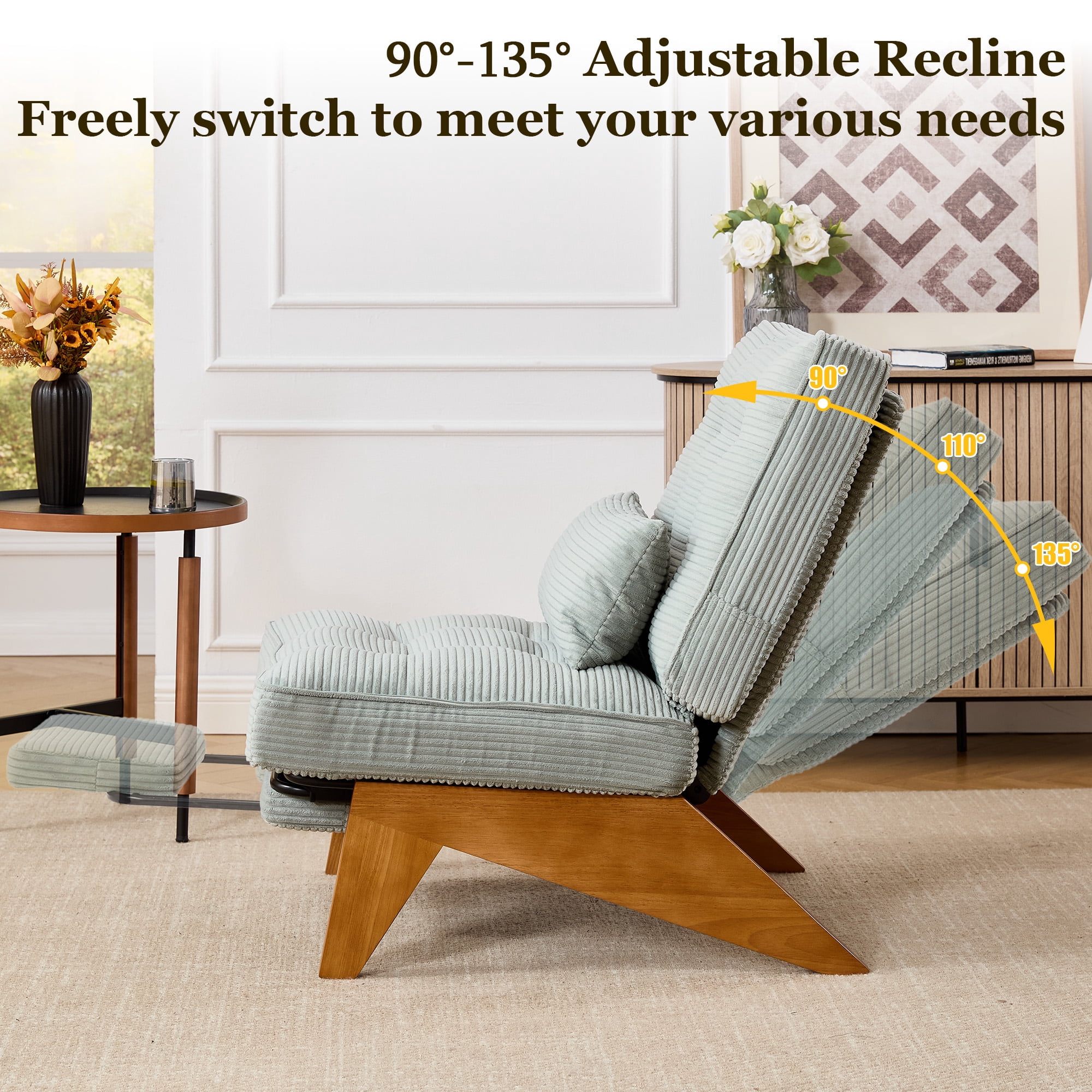 MOONMISS Modern Adjustable Lounge Chair with Footrest,Wooden Base Upholstered Recliner for Reading Rest Corduroy