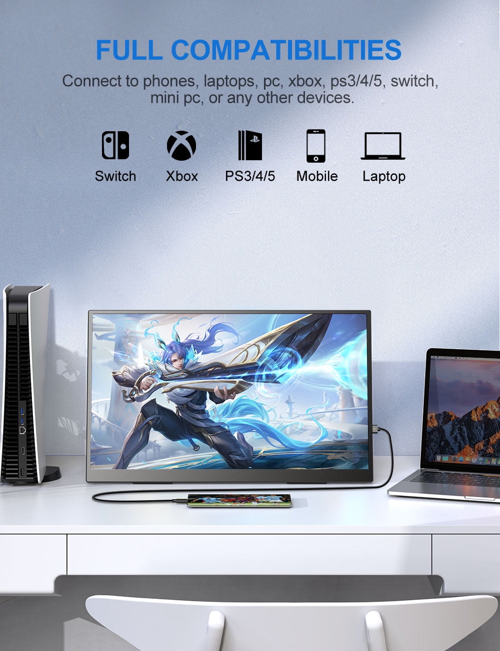 UPERFECT - Portable monitor 18.5" FHD 1080P 120HZ Gaming Monitor W/ Adjustable Stand USB-C Mini HDMI External Monitor
