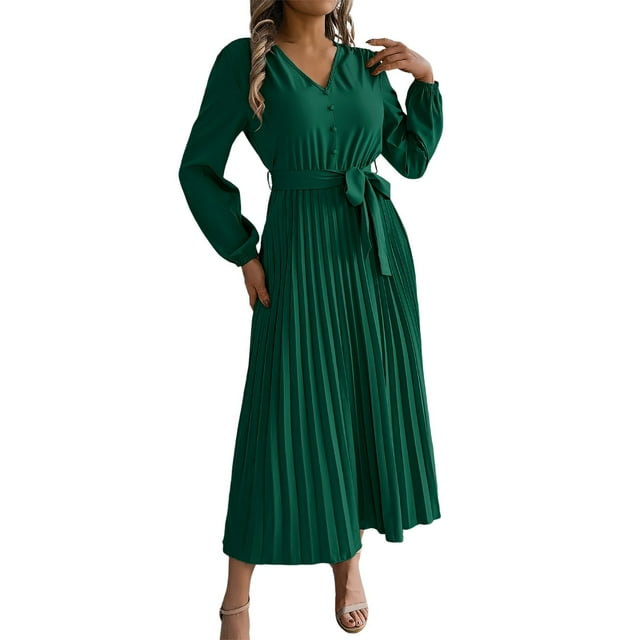 Wdgfv Ruffle Maxi Dress for Women, Pleated A Line Flowy, Business Casual, Holiday Modest Long Sleeve Smocked Spring