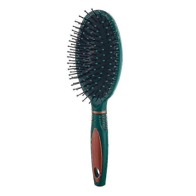 hair brush anti static massage detangling brush paddle brush Verde — cepillo paddle centrado, vista frontal; cabeza oval con cojín de goma antiestática negro y cerdas plásticas de nylon con puntas redondeadas en filas; mango verde de PP con inserto marrón y orificio para colgar, aprox. 20 cm; apto para desenredar y masajear el cuero cabelludo, suele usarse en cabello seco o húmedo.