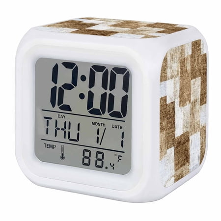Alarm Clocks Beige Blocks Digital Clock 7 Color LED Night Light Silent Non-Ticking Battery Operated Modern Abstract Patchwork Cube Clocks for Bedroom Bedside Living Room Office School Decor