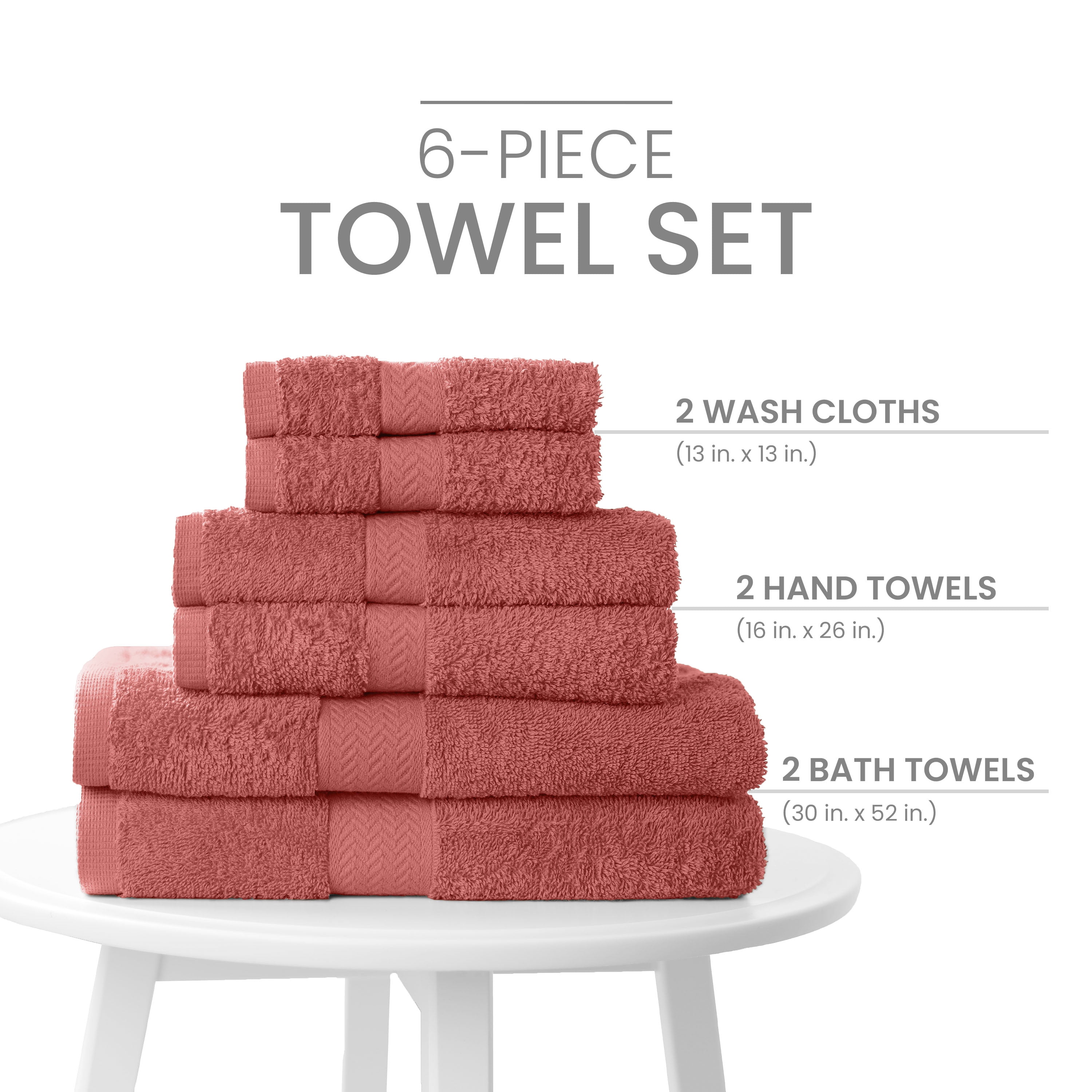 Martex 6-Piece 100% Ringspun Cotton Towel Set, Quick Dry Soft & Absorbent, Pink