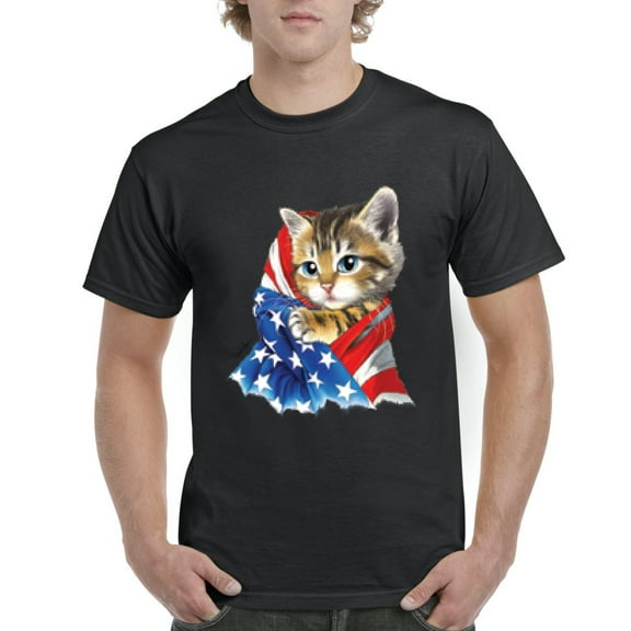 NIB - Men's T-Shirt Short Sleeve, up to Men Size 5XL - American Flag 4th of July Kitty