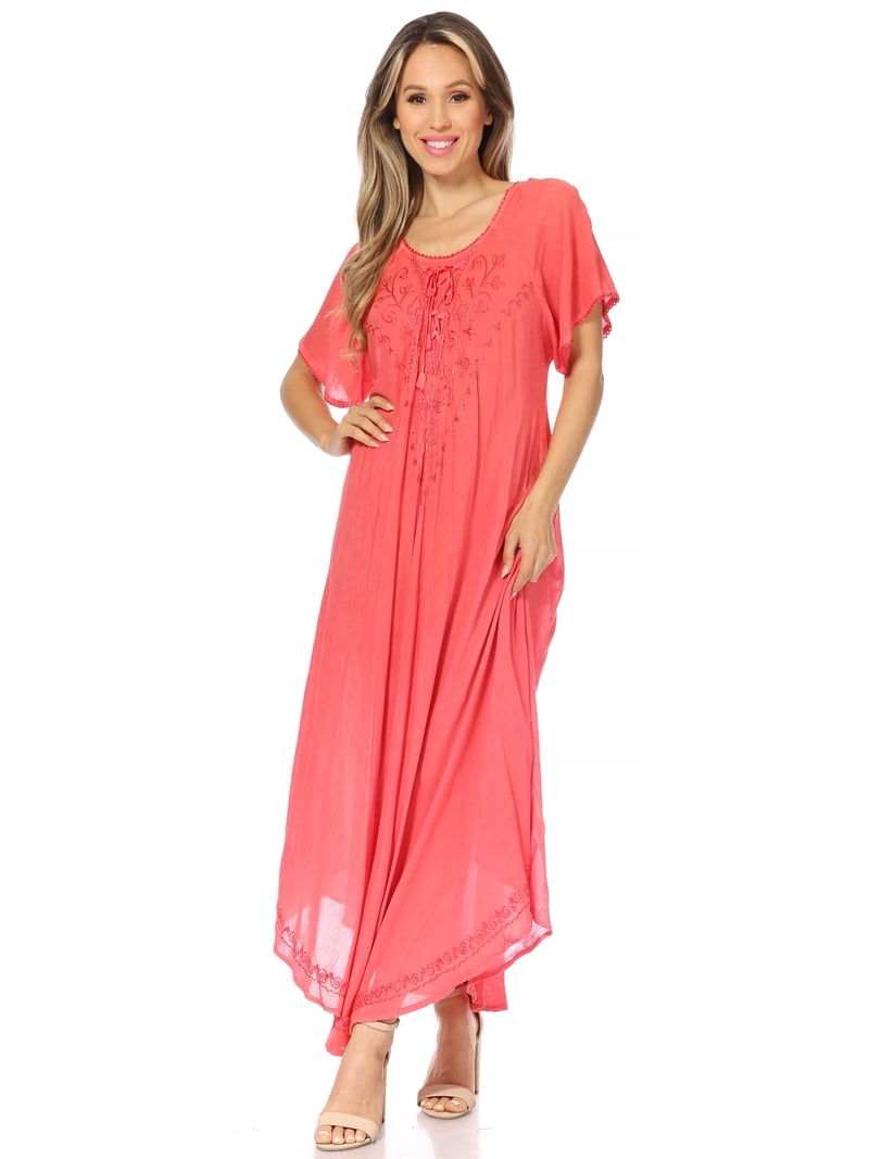 Sakkas Lilia Embroidered Lace Up Bodice Relaxed Fit Maxi Sun Dress - A- Salmon - One Size Regular - Walmart.com