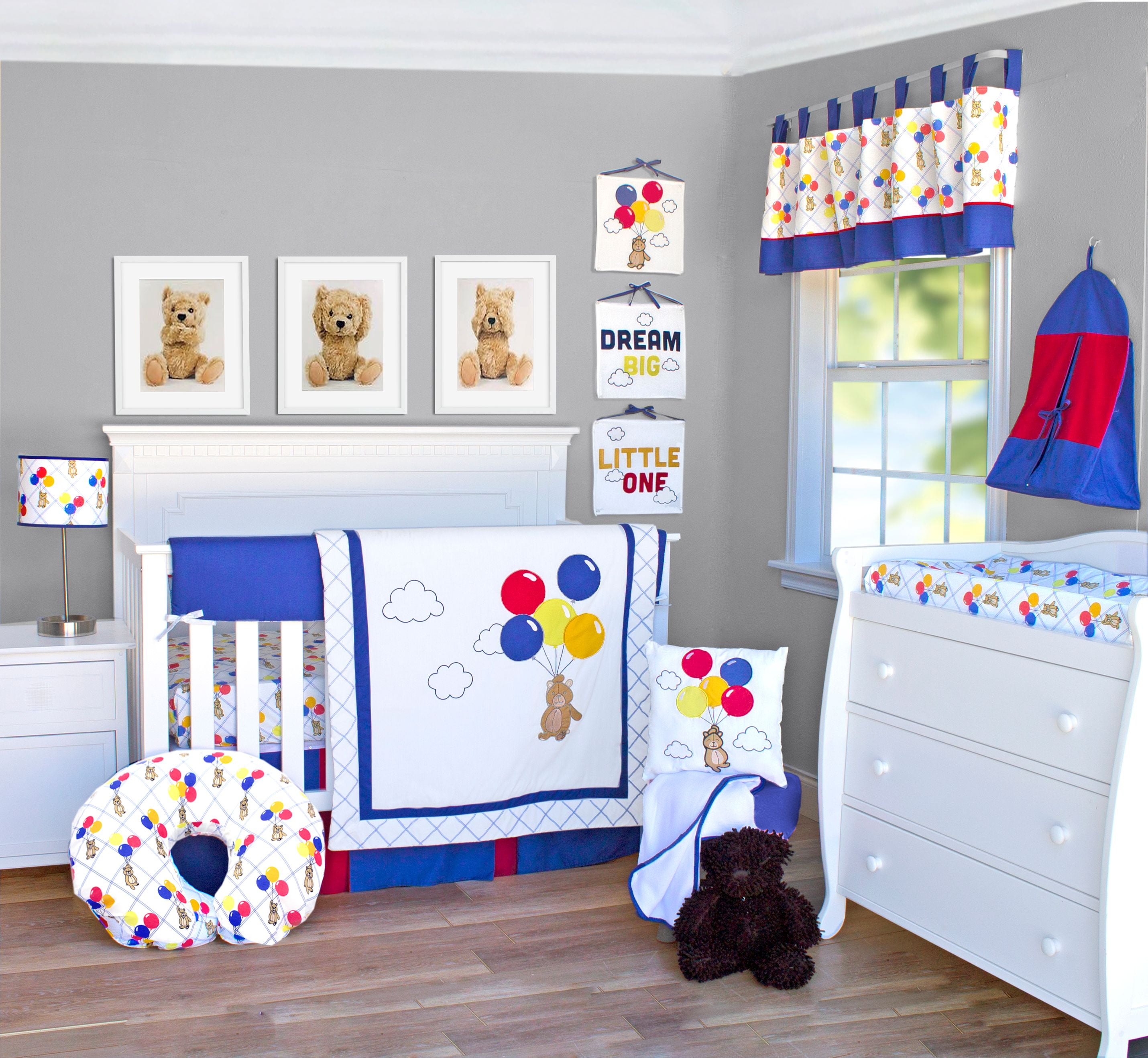 Royal Teddy Bear Theme Navy Blue White Baby Boys 7pc Nursery Crib Bedding Set 