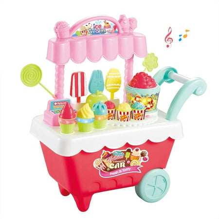 28 PCS Ice Cream Cart, Play Kitchen Toy for Kids, Popcorn cart, DIY light music toy car, trolley SHANGJUE