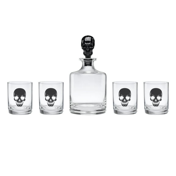 Oneida Skeleton 42 Oz Novelty Skull Accented Glass & Crystal Whiskey Decanter with Whiskey Glasses (Set of 5)
