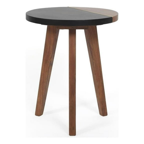 Pemberly Row Slate/Natural Matte Finish Round Accent End Table w/ Brown detail