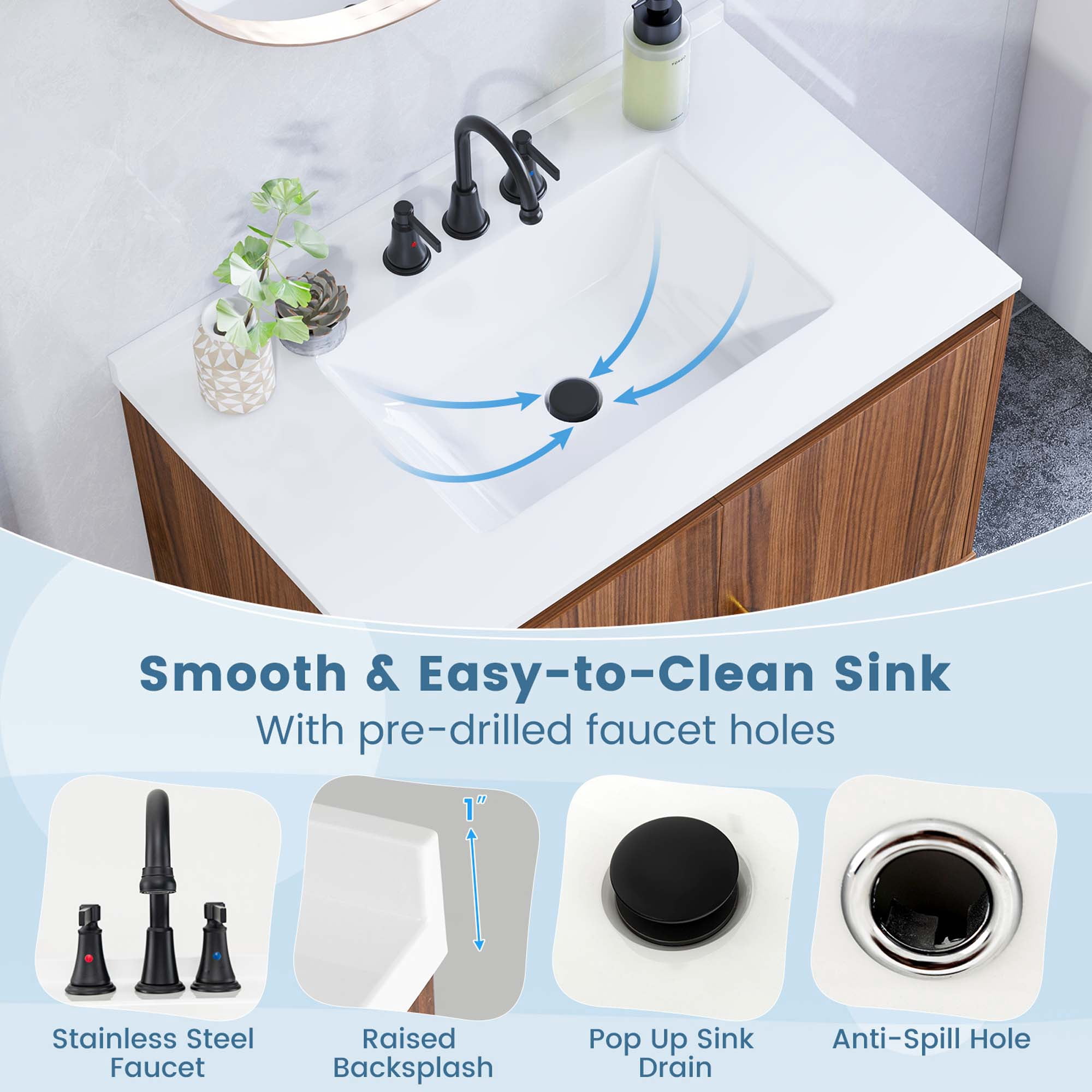 Costway 31" Bathroom Vanity Sink Combo Wooden Bathroom Storage Cabinet with Doors Walnut