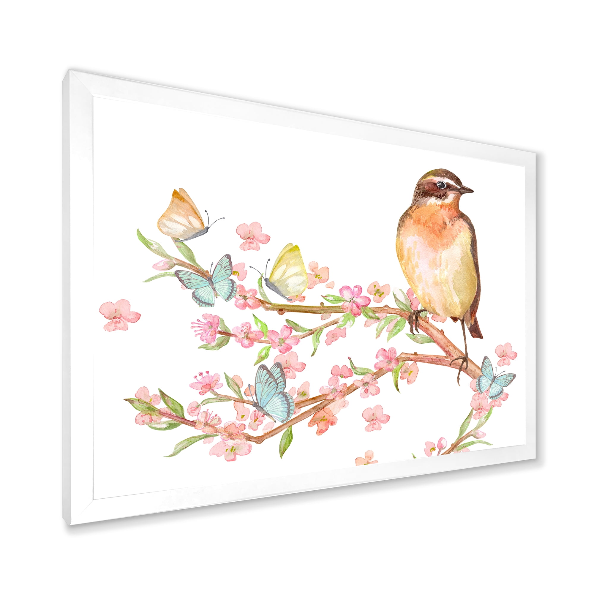 Designart 'Lovely Bird Sitting On Branch of Sakura With Butterflies' Traditional Framed Art Print