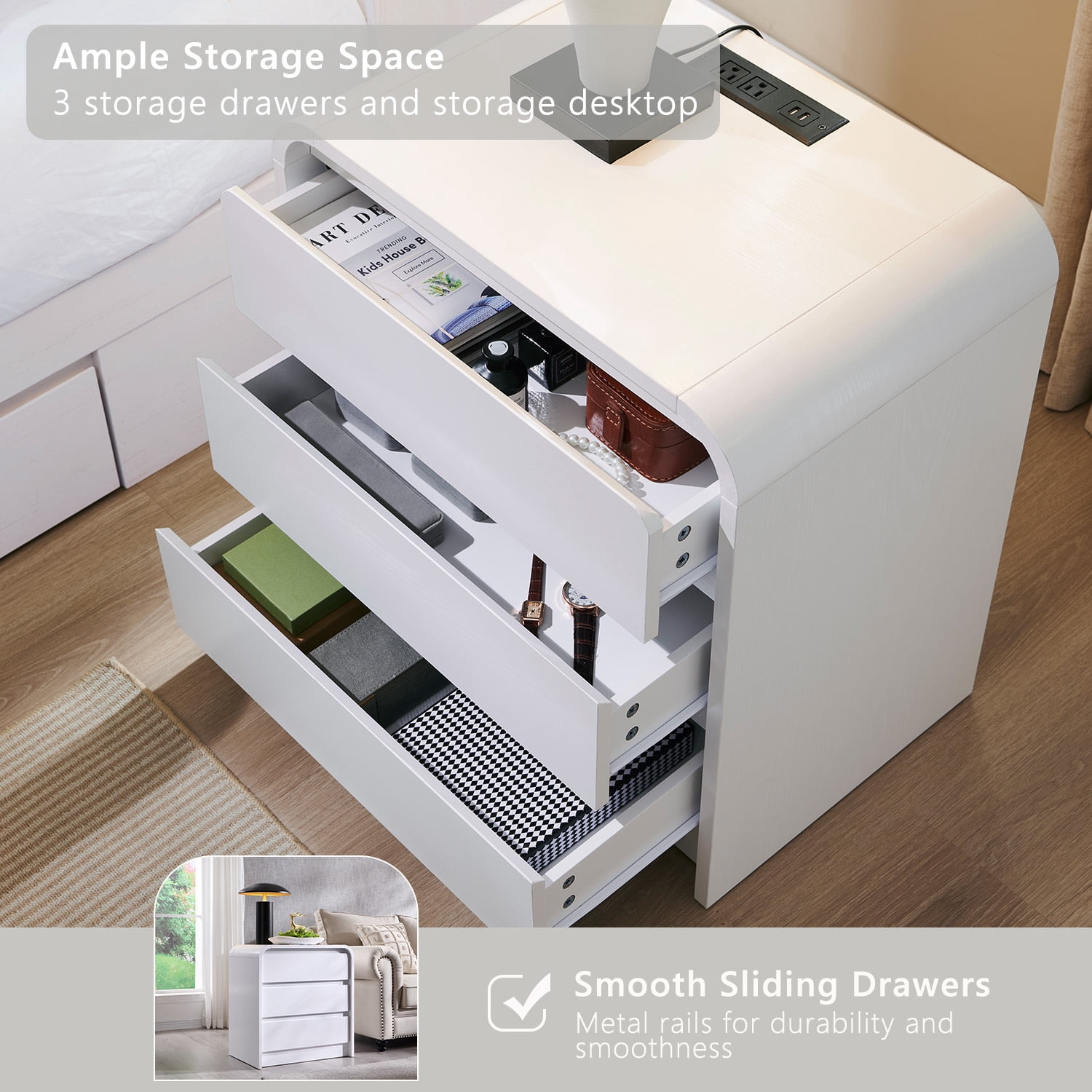 wow97e Modern Nightstand with Charging Station, 3 Drawer Wood Bedside Table w/Curved Profile Design for Bedroom