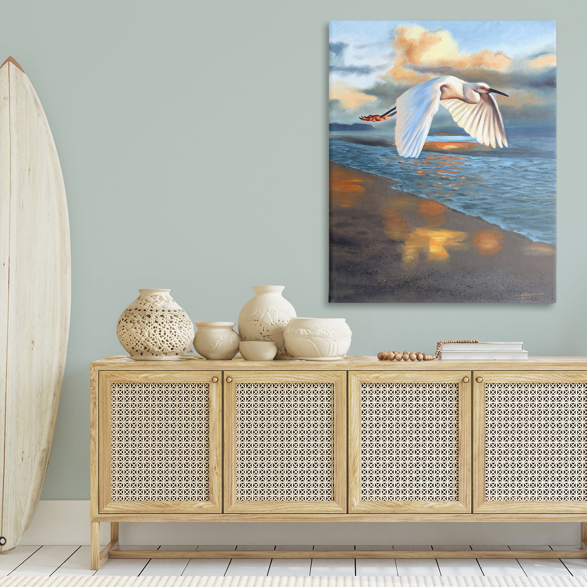 Stupell Industries Egret Wingspan over Beach Landscape Painting Gallery Wrapped Canvas Art Print Wall Art, 36 x 48