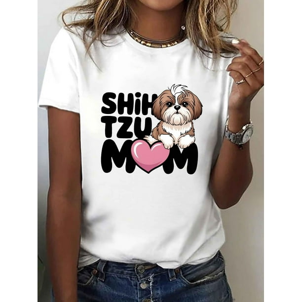 Women'S SHIH TZU MOM Graphic T-Shirt - Cute Dog Print Short Sleeve Crew Neck Casual Top, Green with Heart Design, Perfect for Spring & Summer, Dog Tshir