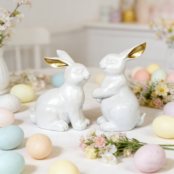 Easter Glittering White Bunny Statue Set Gold-eared Bunny Figurines Suitable For Home Living Room Garden Patio