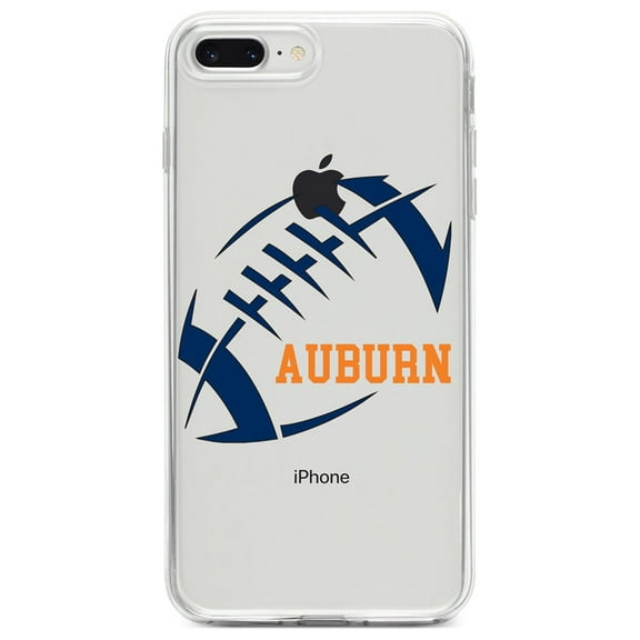 DistinctInk Clear Shockproof Hybrid Case for iPhone 7 PLUS / 8 PLUS (5.5" Screen) - TPU Bumper, Acrylic Back, Tempered Glass Screen Protector - Auburn Football - Orange, Blue