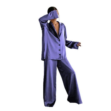 

LWZWM Women s Lounge Sets 2 Piece Pajama Long Sleeve Top with Pants Workout Outfits 2022 Autumn Homewear Long Sleeve Silk Shirt Set Pants Two Piece Pajamas Purple M