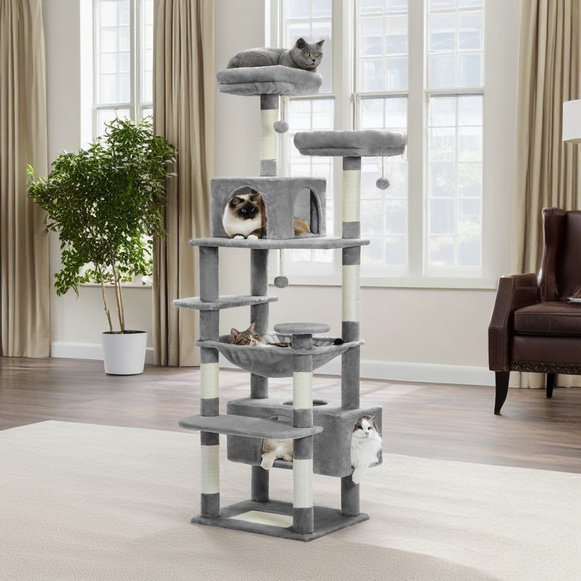 Pefilos 72" Large Cat Tree Tower with Sisal Scratching Post, Indoor Cat Condo for Big Cat Maine Coon, Gray