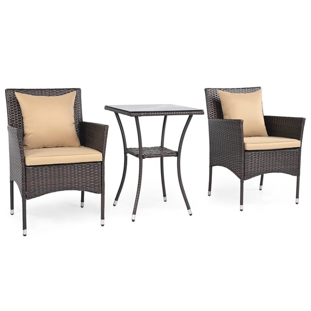 Gymax Set of 3 Patio Wicker Bistro Set 2 Rattan Chairs w/Double-Tier Tempered Glass Table Beige