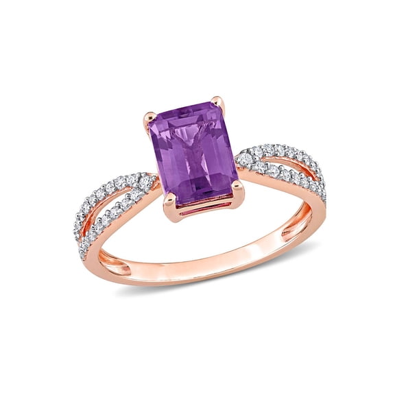 1.34 Carat (Ctw) Octagon-Cut Amethyst Ring in 14K Rose Pink Gold with Diamonds