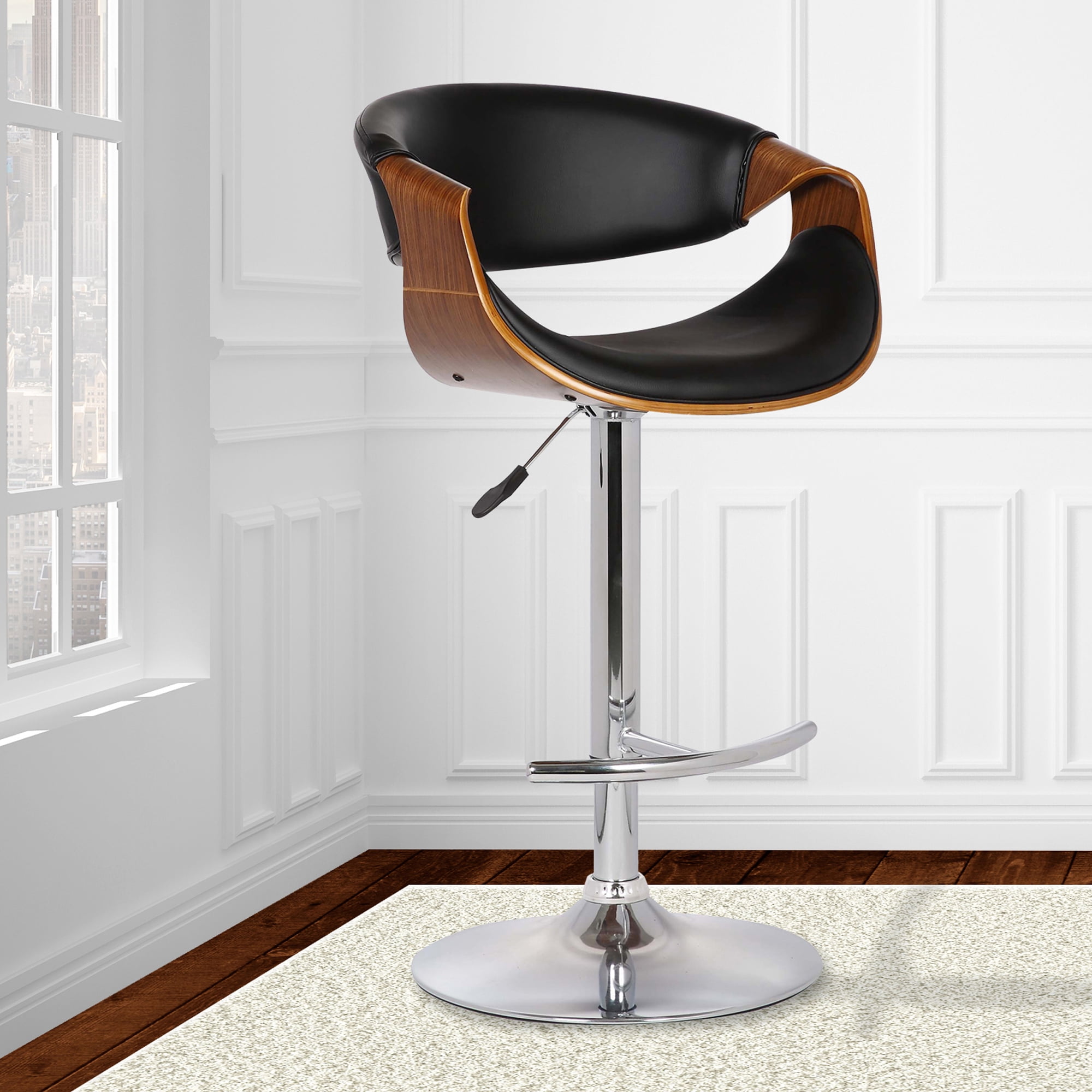 Armen Living Indoor Butterfly Adjustable Height Swivel Black Faux Leather and Walnut Wood Bar Stool with Chrome Base