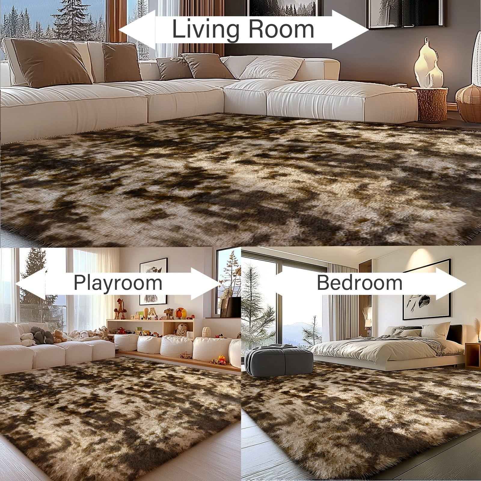 Pentantan 9’ x 12’ Shag Area Rugs, Soft Fluffy Indoor Carpet for Living Room Bedroom Decor, Tie-dyed Coffee