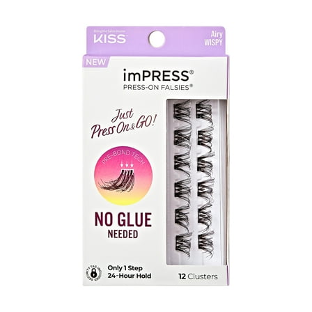 KISS imPRESS Falsies Press On Self Adhesive Eyelashes, Airy, Black, 12 Lash Clusters