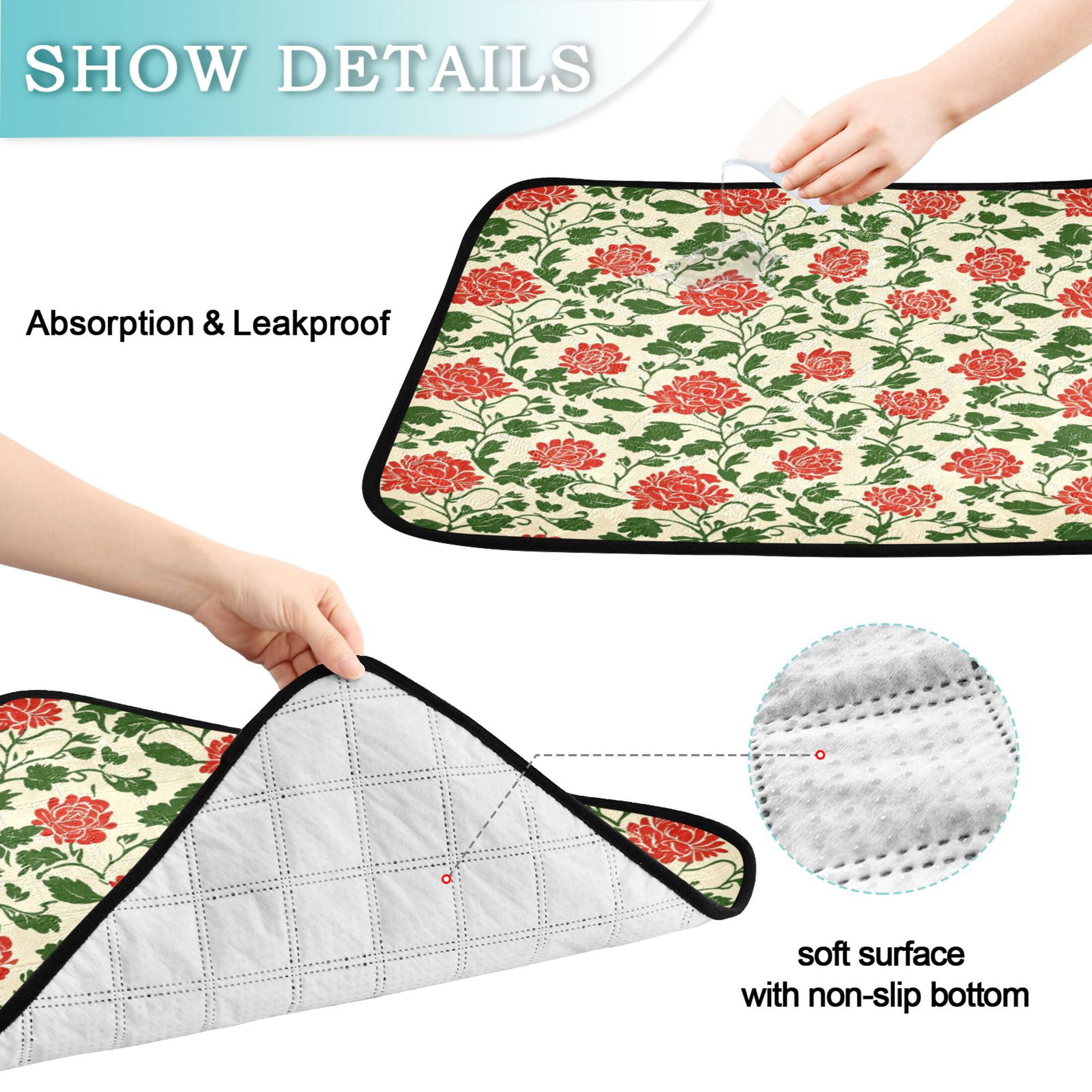 Qxltty Vintage Red Floral Pattern Cat litter Pads Pet Set of 2 Diaper Mats Center Anti-leakage Layer Absorbent Soft and Comfortable