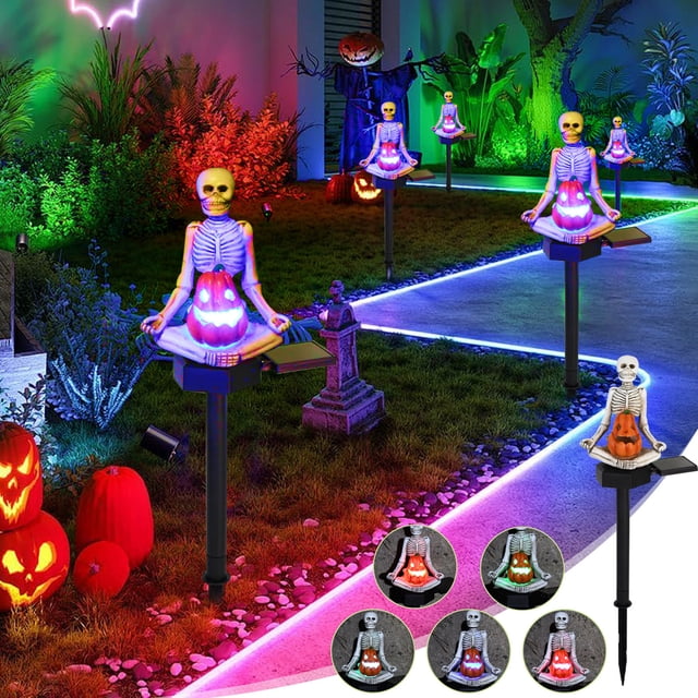 Xihbxyly Lámpara Solar de Esqueleto de Yoga para Halloween, Decoración de Resina Que Cambia de Color, Luz de Suelo Impermeable, Camino para Patio, Jardín, Césped, Ambiente Festivo de Halloween, Fácil